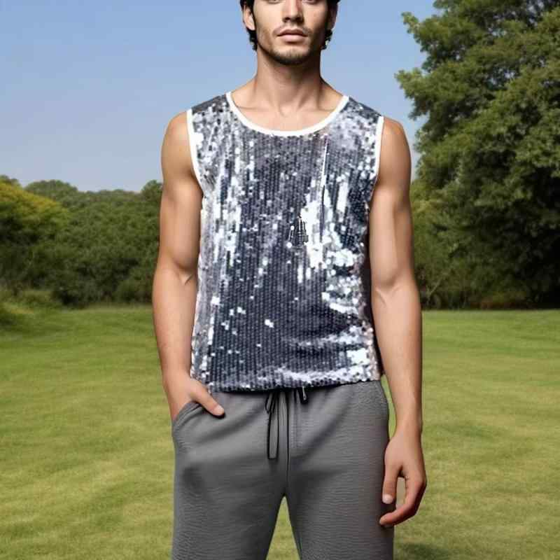 タンクトップ メンズ 男性用 ノースリーブ 夏ニット ベスト ポリエステル 無地 ブラック シルバー 普段使い