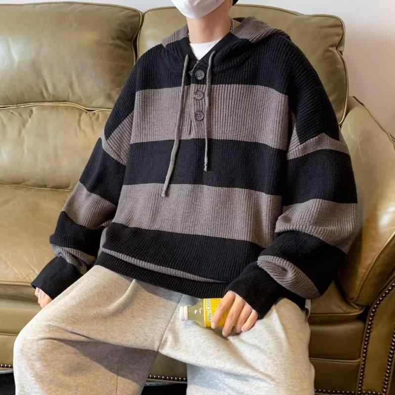ニット メンズ ルーズ カジュアル パーカー ボーダー柄 リブ 裾 ブラック ホワイト グレー ポリエステル