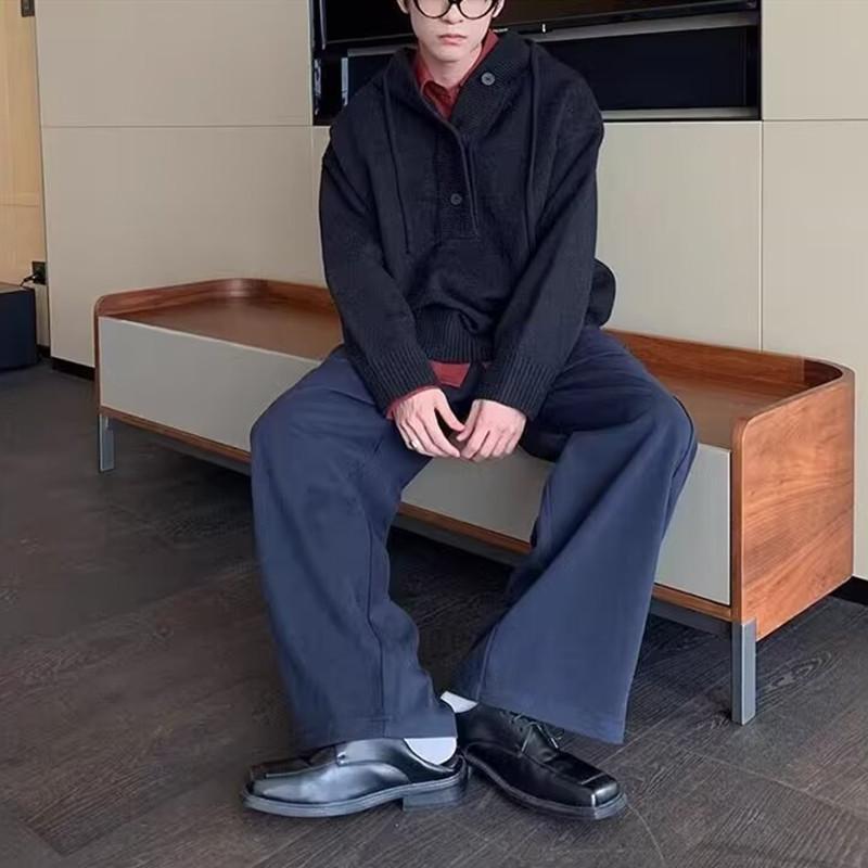 ニット メンズ 男性用 美式 レトロ パーカー 厚手 セーター 冬 プルオーバー トップス グレー ポリエステル 混紡 ゆったり 10代 20代