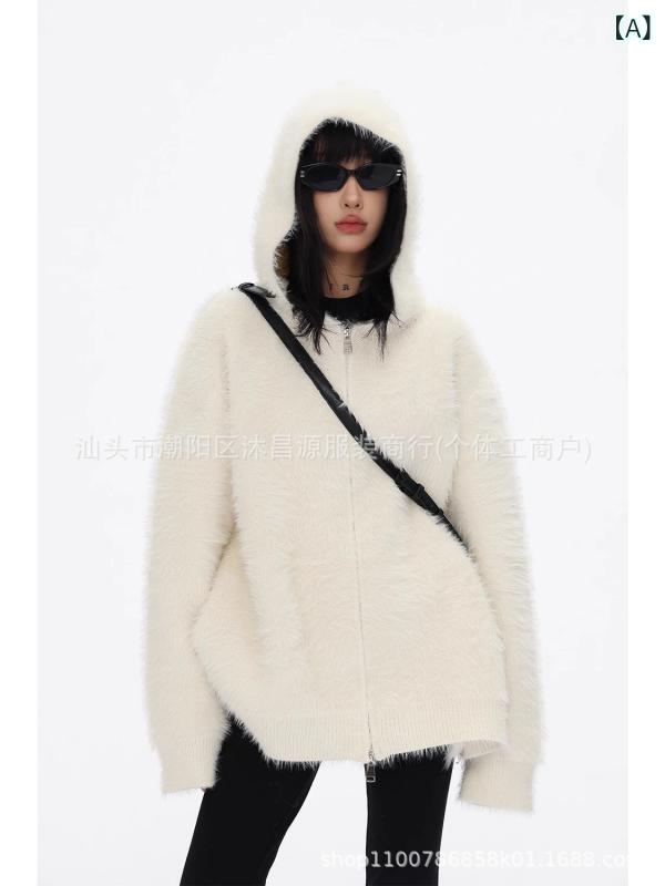 ニット メンズ アメリカン レトロ 小众 パーカー カーディガン 春秋 リラックスフィット ポリエステル ミルクホワイト ブラック