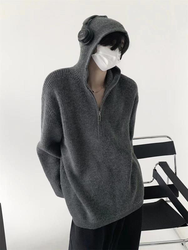 ニット メンズ 秋冬 レトロ ハーフジップ パーカー 無地 オーバーサイズ ルーズ 鹿の子編み 長袖 プル..