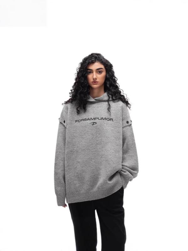 ニット メンズ パーカー アメリカンレトロ 刺繍 フード付き プルオーバー 長袖 春秋 ポリエステル ゆったり グレー