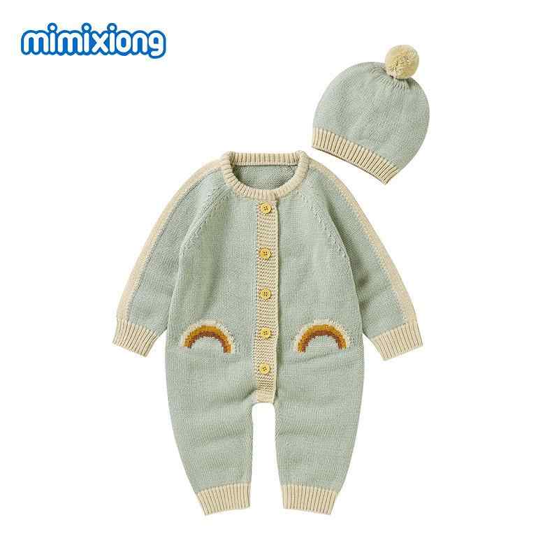 ベビー服 ニット製ロンパース 長袖 カバーオール 帽子付き 秋冬 ピンク系 グリーン系 アイボリー 66cm 73cm 80cm 90cm かわいい 普段使い
