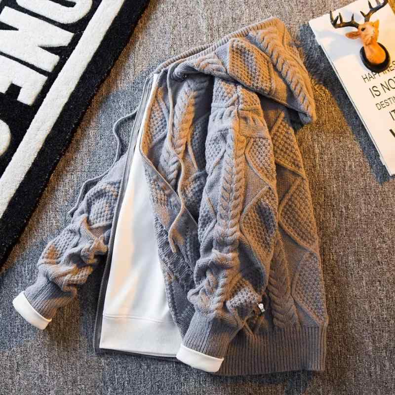 ニットカーディガン メンズ 男性用 秋冬 韓国 レトロ ケーブル編み ニット ジャケット 伸縮性 ポリエステル ブラック グレー