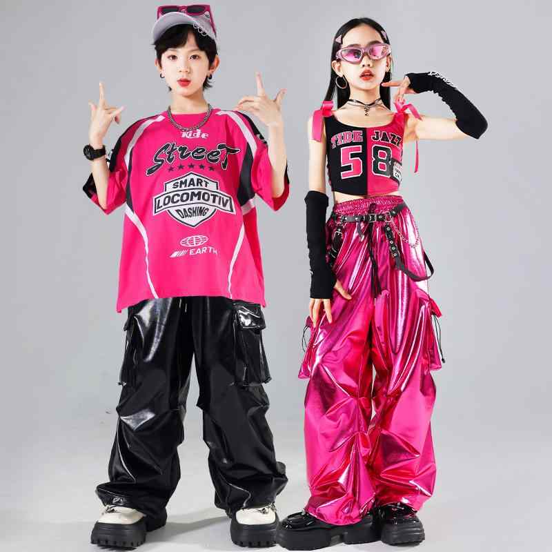 2個セットダンス衣装 キッズ 男女兼用 ヒップホップ ストリートダンス 子供 演出服 ジャズダンス セットアップ 舞台衣装 練習着 ポリエステル繊維 夏 ブラック ピンク系ダンス服