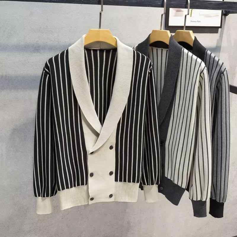 ニット カーディガン メンズ 秋冬物 学院風 セーター ブロック配色 Vネック レトロ トップス 羽織り 黒 グレー