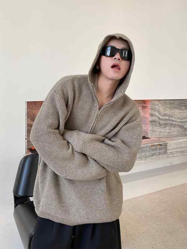 ニット メンズ 男性用 ハーフジップ パーカー 長袖 プルオーバー ゆったり カジュアル ストリート系 秋冬 黒 ブラック グレー ベージュ