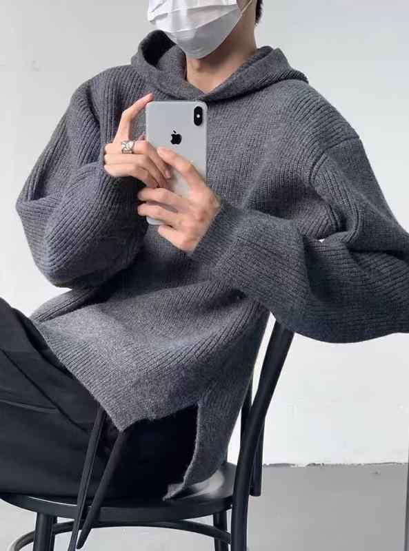 ニット メンズ グレー パーカー プルオーバー ゆったり カジュアル トップス 秋冬 長袖 ポリエステル ..