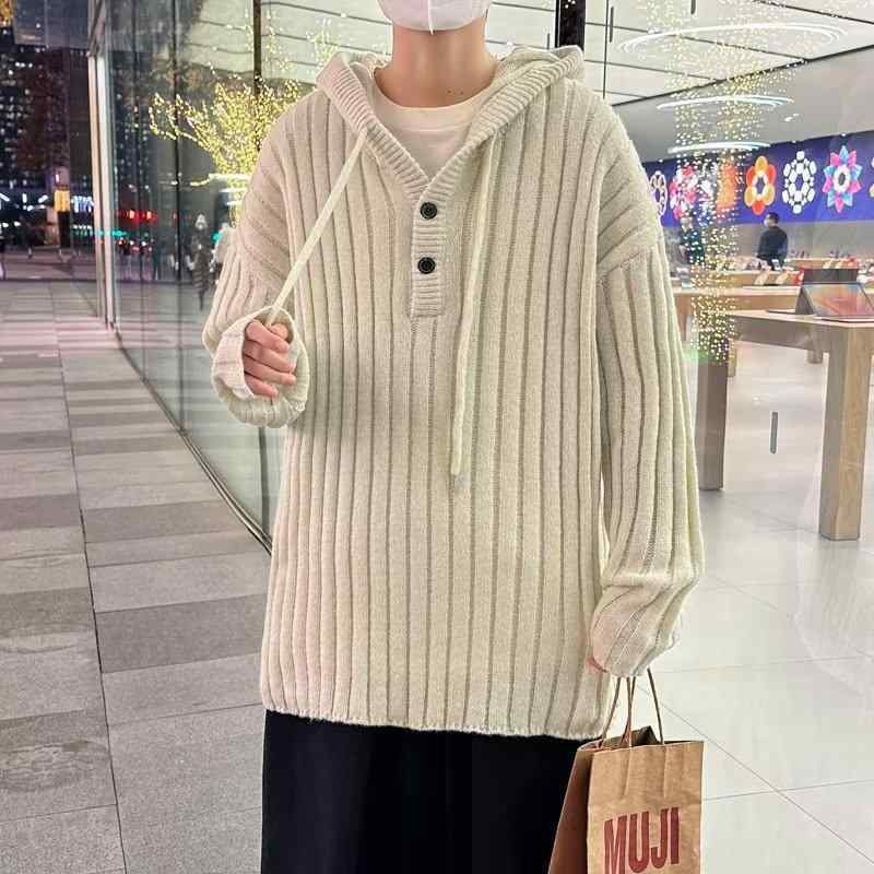 ニット メンズ パーカー 長袖 無地 韓国 プルオーバー グレー 青 杏色 オートミール色 リブ編み 秋冬