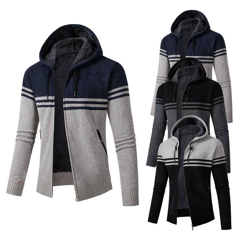 ニット メンズ カーディガン 秋冬 裏起毛 厚手 フード付き ジャケット 配色 普段使い