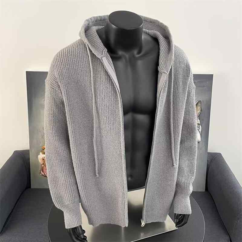 ニット カーディガン メンズ 秋冬 加厚 無地 ケーブル編み フード付き サイドスリット トップス グレー 黒 ベージュ