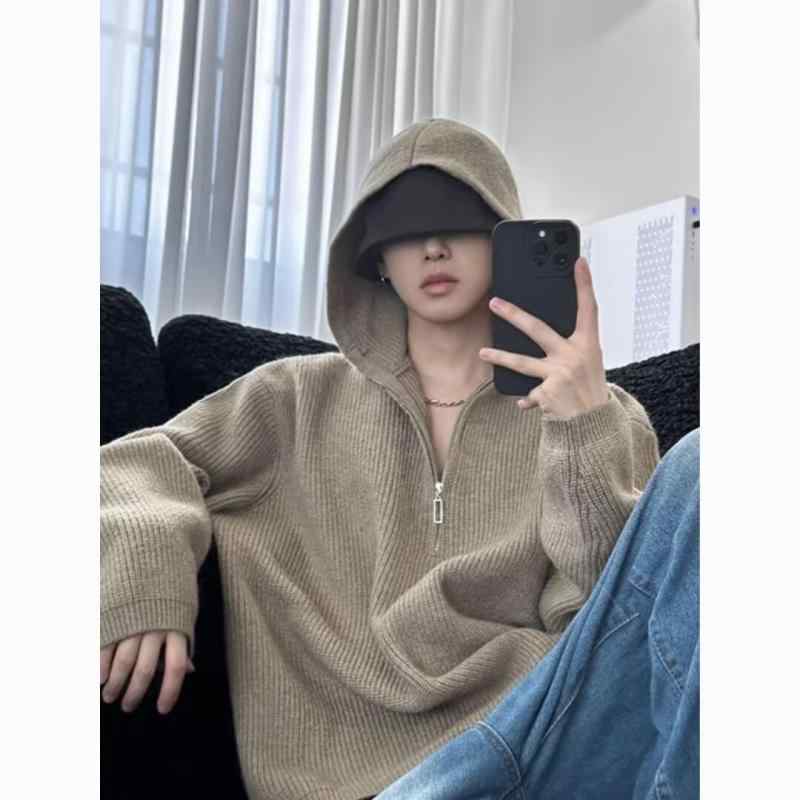 ニット メンズ ハーフジップ パーカー 秋冬 リブ 裾 ルーズ ゆったり レトロ カジュアル トップス プル..