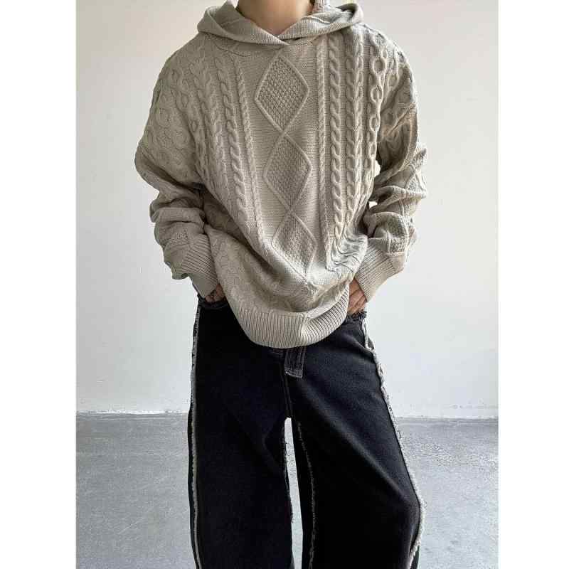 ニット メンズ パーカー 秋冬 ケーブル編み プルオーバー ゆったり リラックス 伸縮性 ポリエステル カーキ ダークグレー