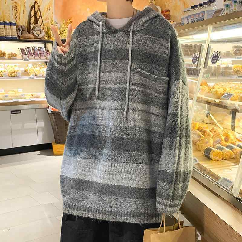 ニット メンズ 秋冬 配色 ストライプ フード付き 暖かい プルオーバー ゆったり 長袖 厚手 10代 20代 韓国 カジュアル