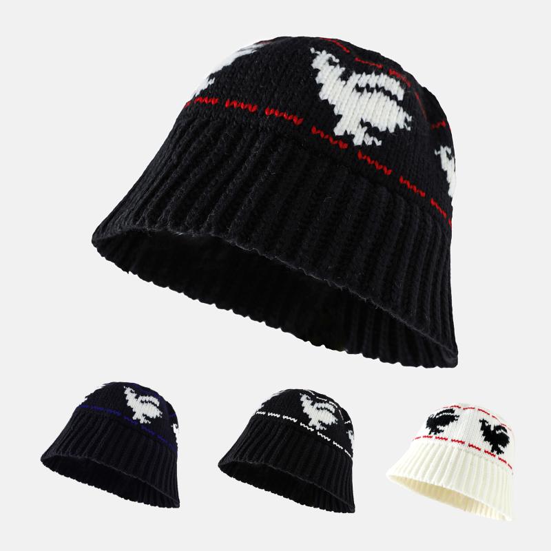 ニット帽 漁夫帽 バケットハット 男女兼用 ハト柄 ジャカード編み 保温 秋冬 ホワイト ブラック ブルーライン ブラックホワイトライン