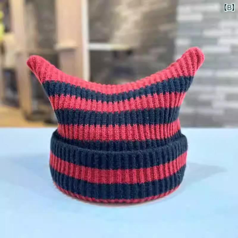 ニット帽 レディース 秋冬 猫耳 ボーダー柄 あったか 防寒 冷え対策 ビーニー メン...
