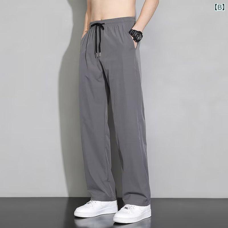 ズボン メンズ 接触冷感 イージーパンツ ワイドパンツ ストレートパンツ ポリエステル 無地 黒 ブラック グレー 普段使い リラックスウェア