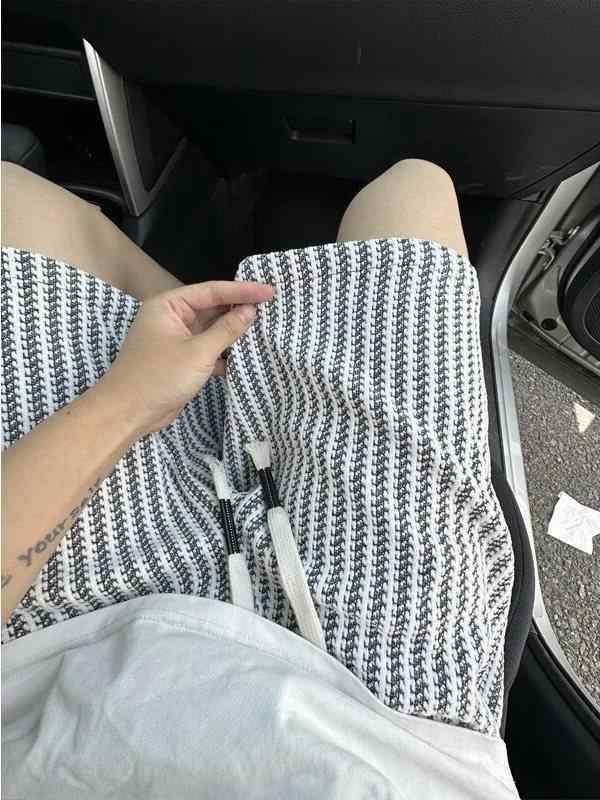 ニット ハーフパンツ メンズ 夏パンツ ストライプ柄 ワイド レトロ カジュアルパンツ