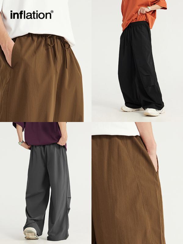 パンツ メンズ Aライン ワイドレッグパンツ ポリエステル テーパードパンツ ストリート カジュアル 普段使い 無地 春夏 果殻ブラウン ブラック グレー グリーン ダークグレー パープル