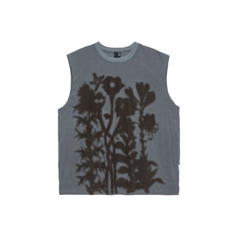 Tシャツ メンズ 男性用 ノースリーブ トップス アメカジ ビンテージ風 植物柄 プリント コットン 灰青 ゆったり 普段使い