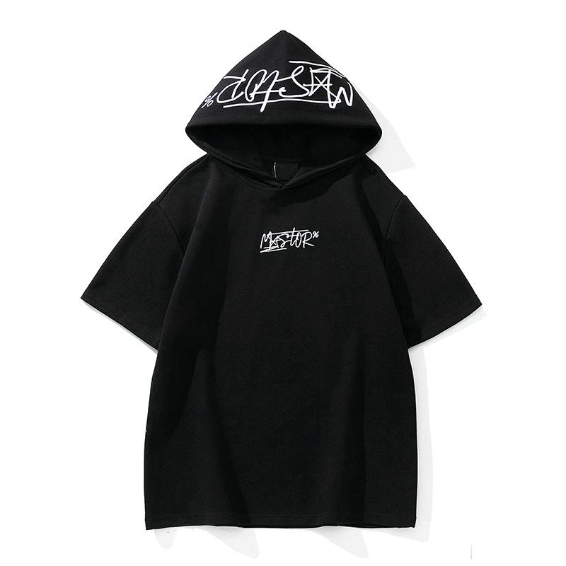 Tシャツ メンズ 半袖 コットン 刺繍 ストリート カジュアル ゆったり フード付き 黒 花グレー トップス カットソー