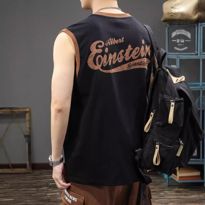 Tシャツ メンズ 男性用 ノースリーブ コットン 綿 夏物 ゆったりサイズ アルファベット柄 ブラック 黒 ホワイト 白 コーヒー色 珈琲色 ダークグレー M L XL 2XL 3XL 4XL
