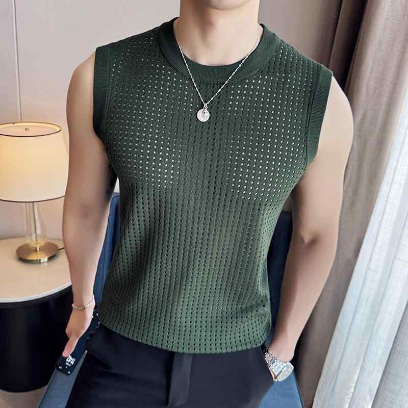 タンクトップ メンズ 男性用 ノースリーブ Tシャツ メッシュ 通気性 伸縮性 無地 薄手 夏 普段使い 部屋着 韓国 白 黒 緑