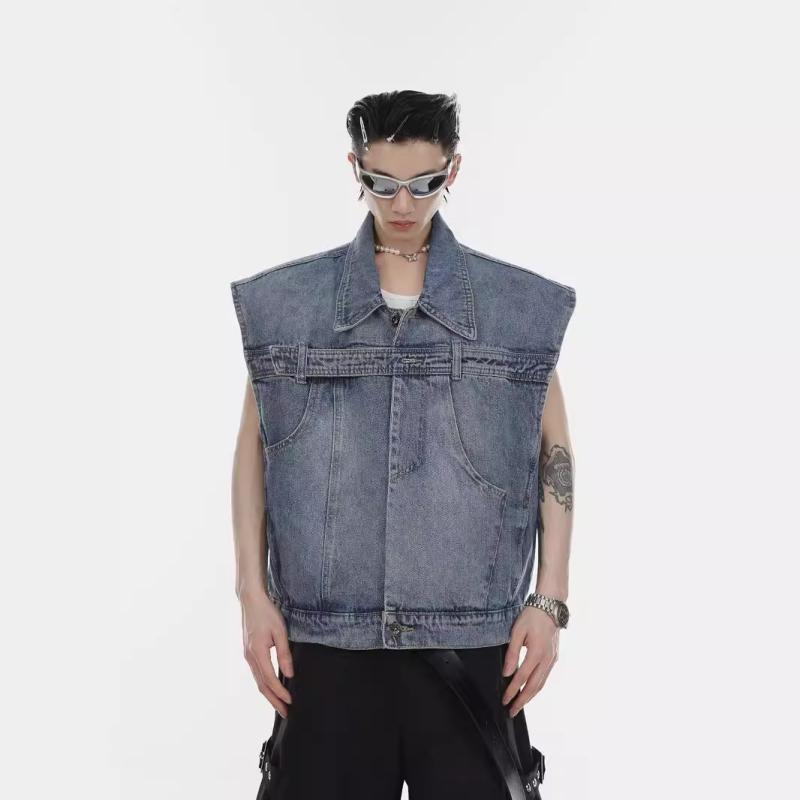 ベスト メンズ デニム ウォッシュド加工 アメリカン カジュアル ショート丈 チョッキ 襟付き 春秋 男性用 トップス ブルゾン