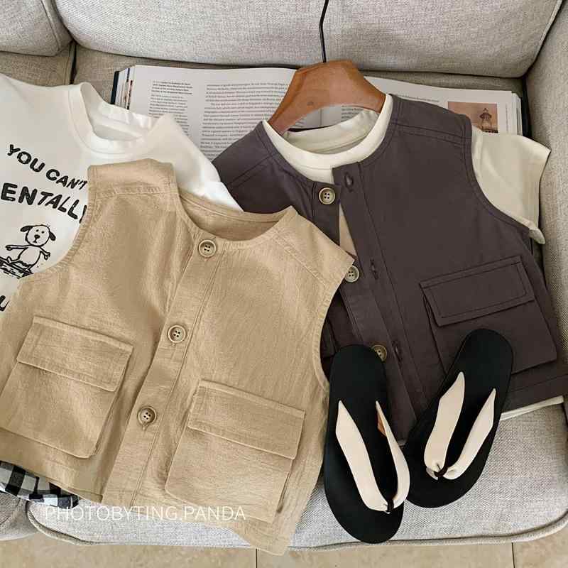 キッズ ベスト 男の子 子供服 ジャケット 春夏 ノースリーブ トップス ワークウェア スタイル コットン カーキ グレー 80cm 90cm 100cm 110cm 120cm 130cm