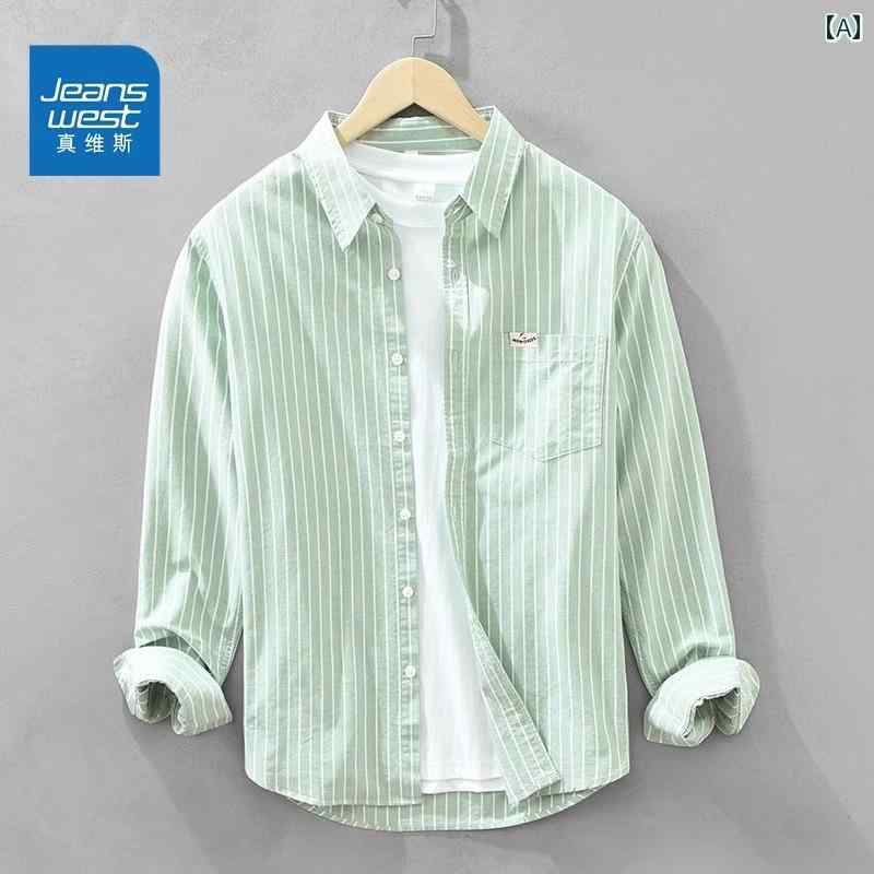 Casual Shirts - 日本製 綿 ウォッシュド オックスフォード 長袖 シャツ メンズ コットン カジュアル 万能 ストライプ ルーズ.カラフルカラーオシャレ