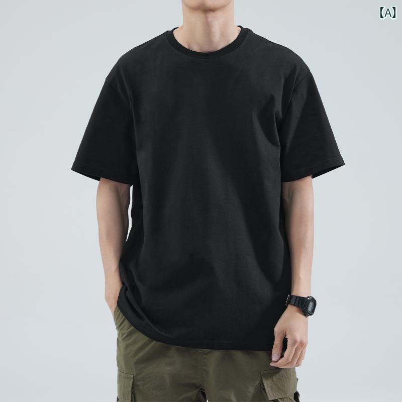 Rakuten - 三 針 2025 春夏 260 g 厚手 半袖 Tシャツ メンズ 綿 ラウンドネック ゆったり カジュアル ホワイト ボトムス.オシャレ