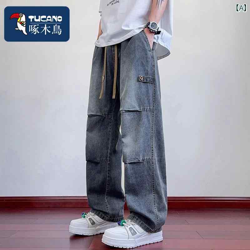 Pants - アメリカン プリーツ ジーンズ メンズ 夏 細身 ストリート ゆったり ストレート パンツ.カラフルカラーオシャレシンプルスタイル