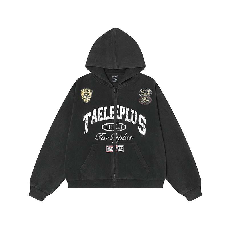 パーカー メンズ 美式復古風 ウォッシュ加工 ダメージ加工 ロゴプリント ルーズフィット コットン 長袖 トップス 春秋 カジュアル ブラック