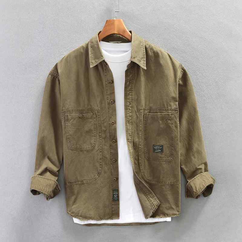 Other - シャツ メンズ 男性用 長袖 コットン トップス 日系 ワーク カーキ グレー グリーン 春秋