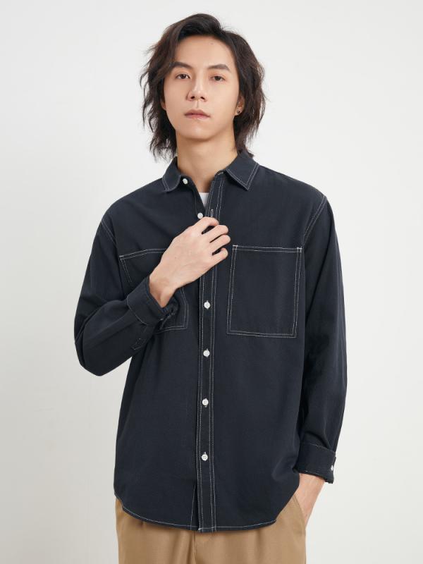 シャツ メンズ 男性用 長袖 コットン 40番手 襟付き トップス 普段使い 春秋 宝藍色 咖啡 白 杏色