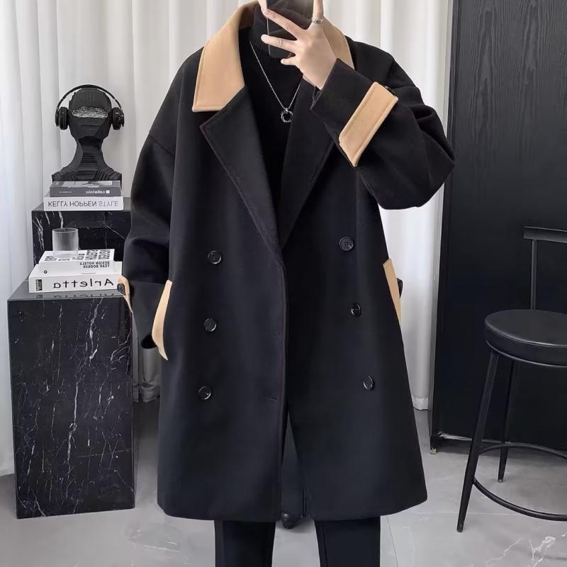 コート メンズ 男性用 ウール ロング丈 英国風 テーラード 秋冬 厚手 無地 ゆったり ブラック
