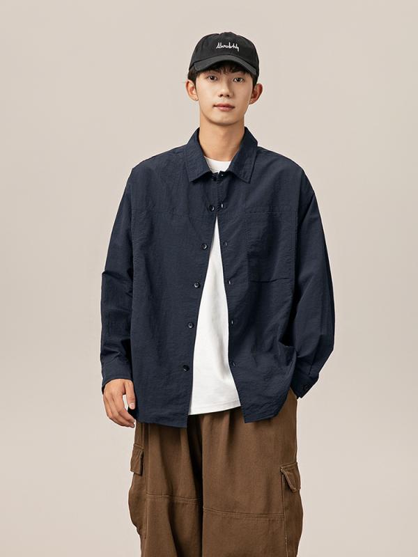 シャツ メンズ 長袖 ルーズフィット ワークシャツ カジュアル トップス 無地 伸縮性 春秋 雪山グレー 深海ブルー 亜光ブラック(4)