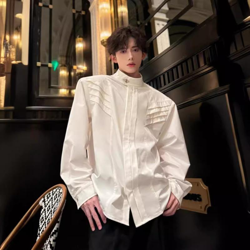 シャツ メンズ 白 スタンドカラー ジャケット 韓国 スタイル ウェア オーバーサイズ パッドショルダー 長袖 コットン混紡 トップス 配色 ホワイト ブラック M L XL 2XL 3XL