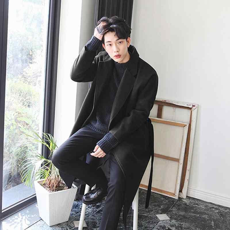 コート メンズ 男性用 ウール ロングコート 秋冬 韓国 オーバーサイズ 厚手 無地 ベルト付き ブラック 黒