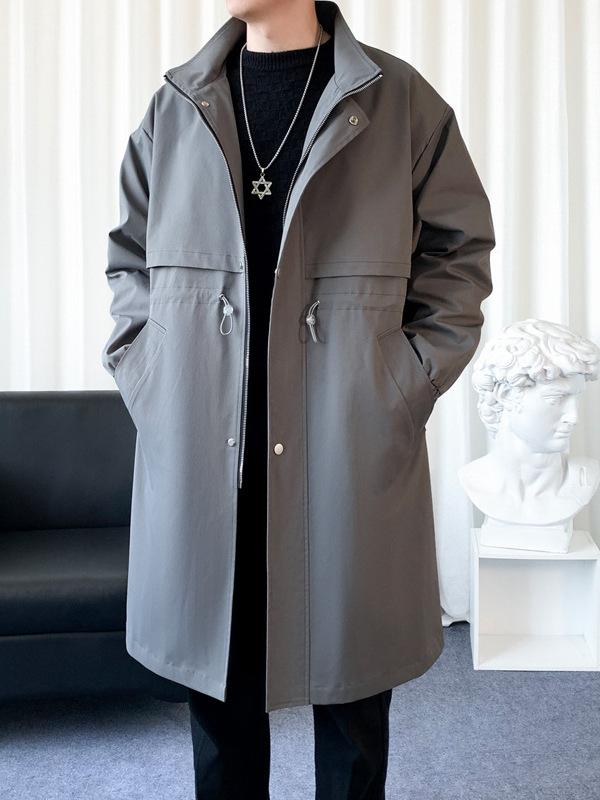 コート メンズ 男性用 スプリングコート 秋 アウター ミドル丈 無地 立襟 ゆったり ブラック 黒 グレー カーキ カジュアル