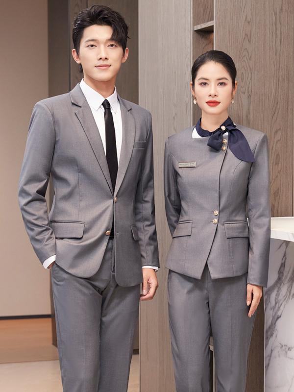 事務服 レディース メンズ 受付 案内 オフィス ホテル レストラン 制服 ポリエステル混紡 スーツ ジャケット パンツ スカート 長袖 無地 グレー 紺色(x...