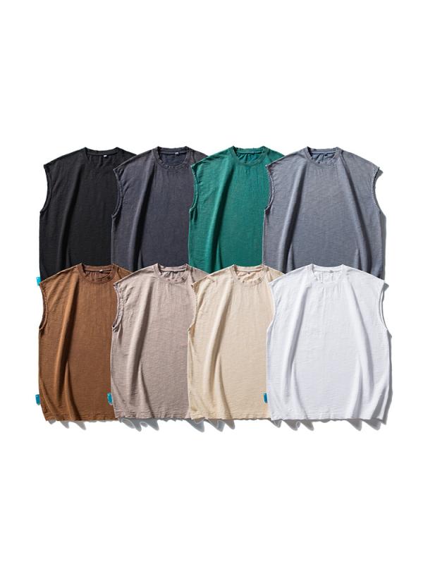 タンクトップ メンズ 男性用 無袖 Tシャツ コットン 綿 洗い加工 古着風 ビンテージ風 ブラック ブラウン ベージュ ネイビー ブルーグレー ピンク系 グリーン ゆったり 普段使い 部屋着