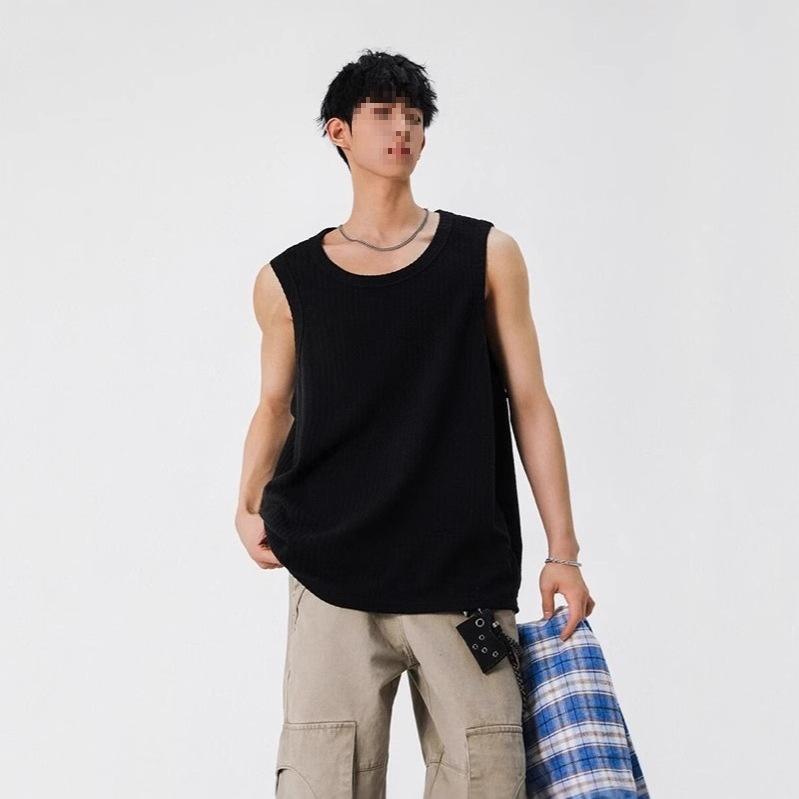タンクトップ メンズ 男性用 ノースリーブ Tシャツ スポーティ トレーニング ウェア ポリエステル 無地 薄手 ルーズフィット カジュア..