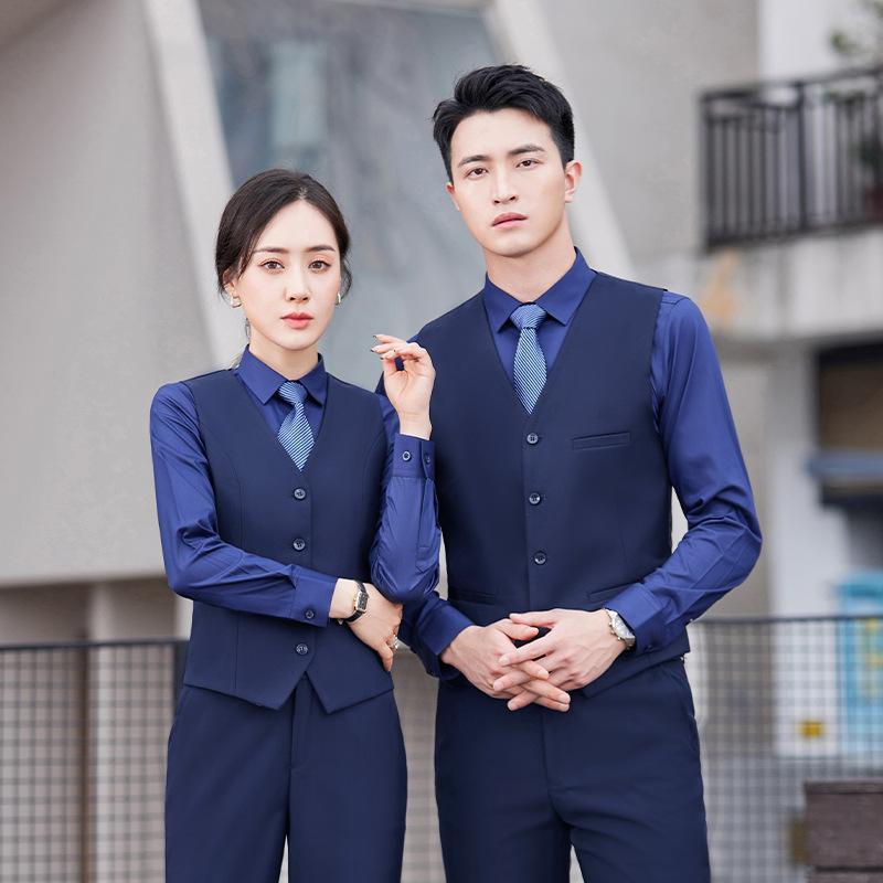 ベスト レディース メンズ ユニフォーム 男性用 女性用 オフィス ホテル フロント 受付 制服 スーツ フォーマル Vネック ポリエステル 宝藍色 黒 グレー コーヒー色 杏色