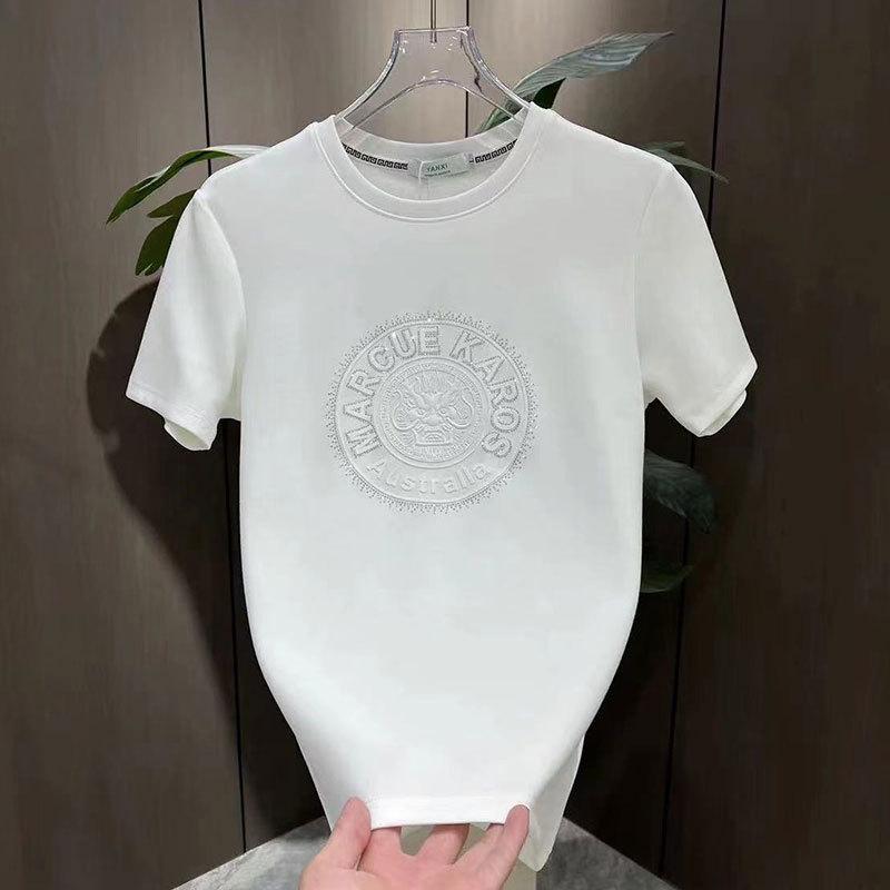 Rakuten - Tシャツ メンズ 半袖 接触冷感 トップス コットン シルケット加工 スリムフィット 薄手 ラウンドネック 幾何学模様 ブラック レッド ホワイト