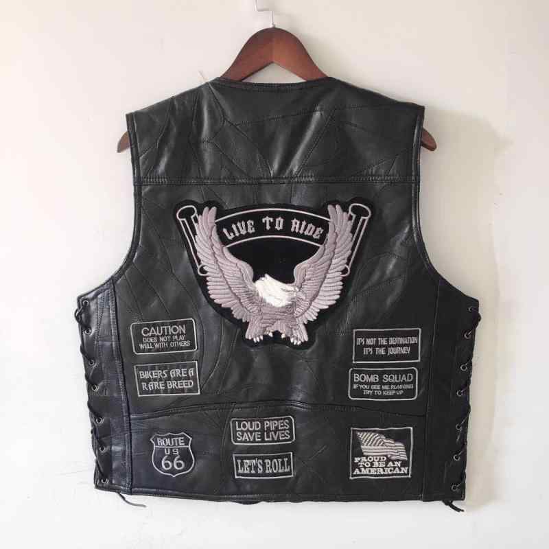 ベスト 男性用 レザーベスト バイカーベスト 銀グレー 刺繍 エンブレム付き オートバイ 革 Vネック シングルブレスト ストリート カジュアル ブラック