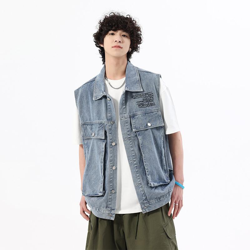 デニム メンズ デニムベスト 男性用 ノースリーブ ジャケット Gジャン ブルゾン ゆったり ルーズフィット アメカジ ワーク 春物