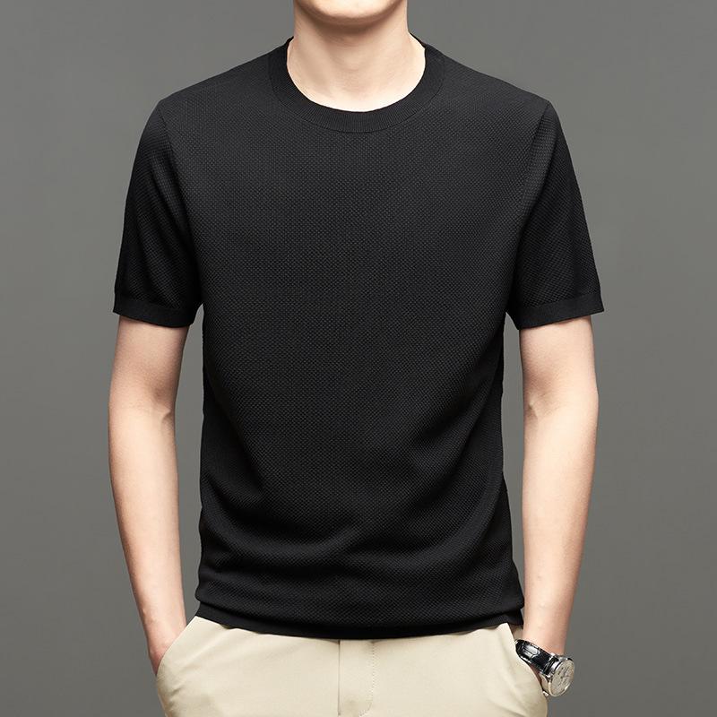 Tシャツ メンズ 男性用 天竺編み 接触冷感 混紡 トップス カットソー 半袖 丸首 無地 薄手 普段使い 部屋着 ブラック ホワイト 松蘭 駝色