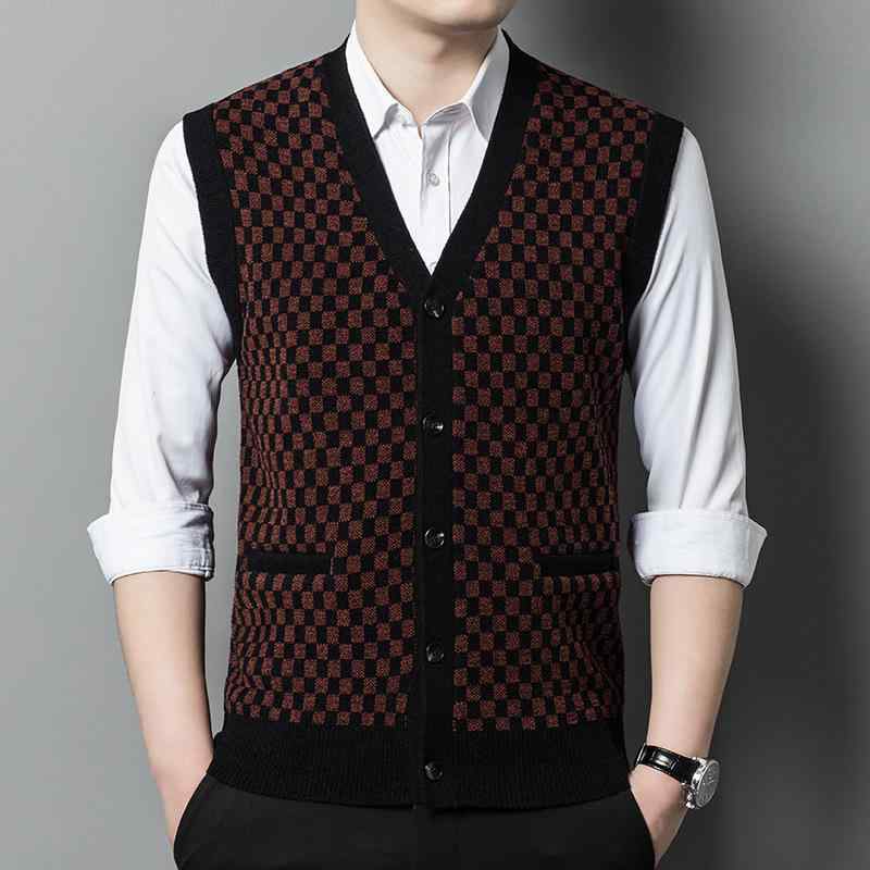 ニット メンズ Vネック ニットベスト カーディガン ビジネス 紳士 男性用 提花柄 ポリエステル混紡 ノースリーブ レトロ ミドルエイジ 秋