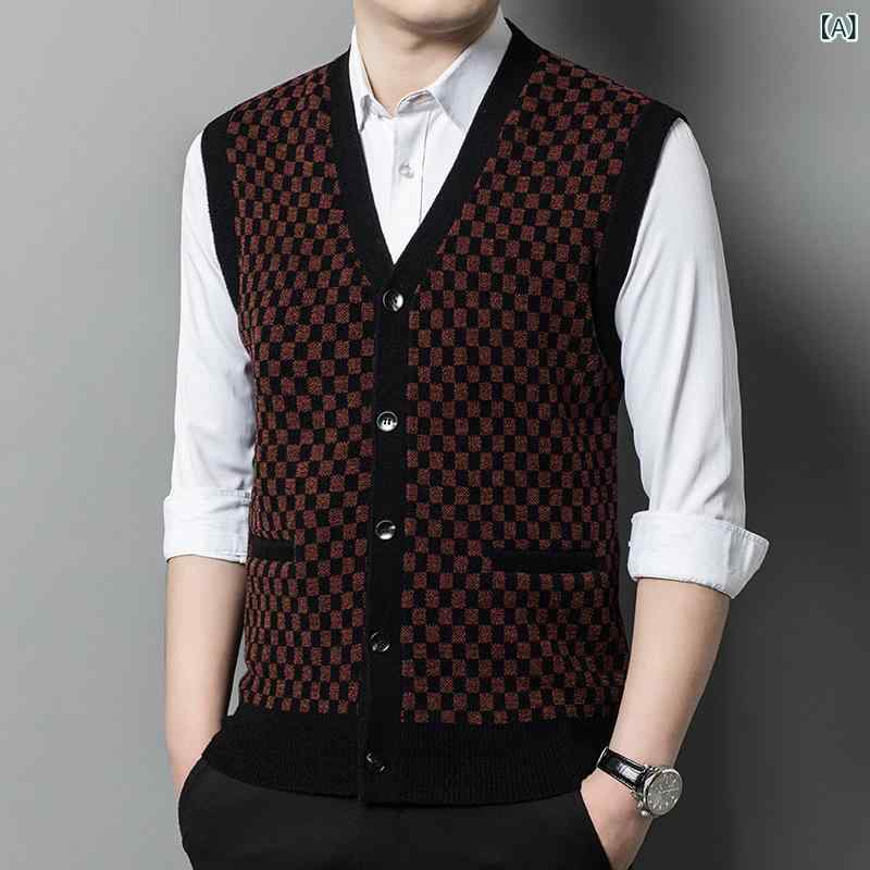 ニット メンズ Vネック ニットベスト カーディガン ビジネス 紳士 男性用 提花柄 ポリエステル混紡 ノースリーブ レトロ ミドルエイジ 秋